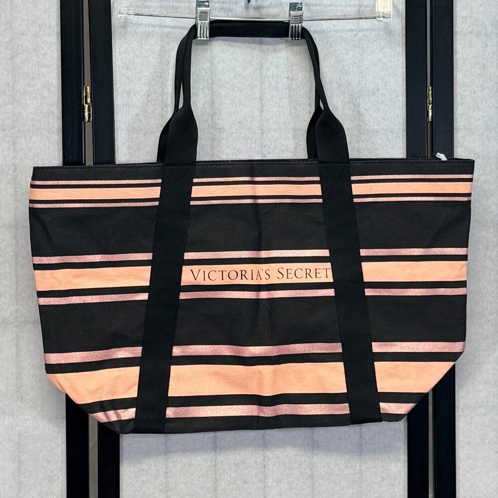 Victoria's Secret Large Canvas Zip Top Tote Metallic Pink Black Stripe Bag
